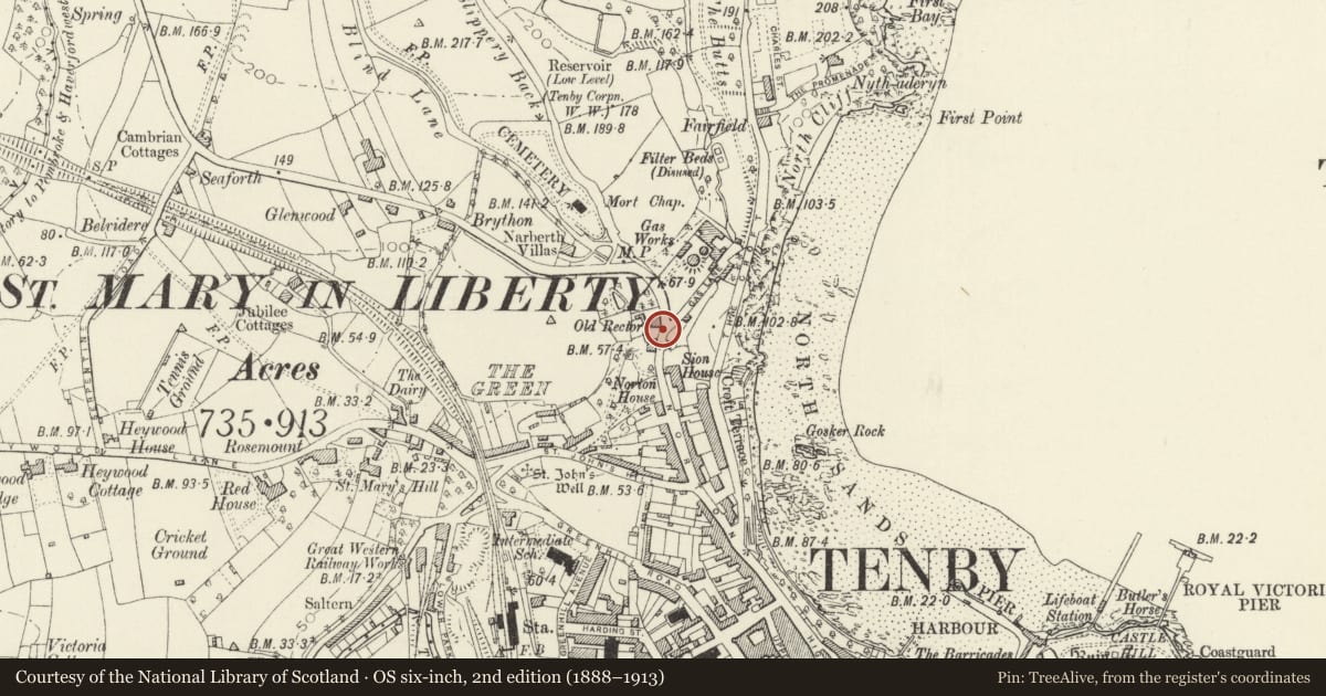 Ordnance Survey six-inch map, 2nd edition (1888–1913) covering the location of Garden walls and gate at The Old Rectory, Tenby, Pembrokeshire, with a pin at the register's coordinates