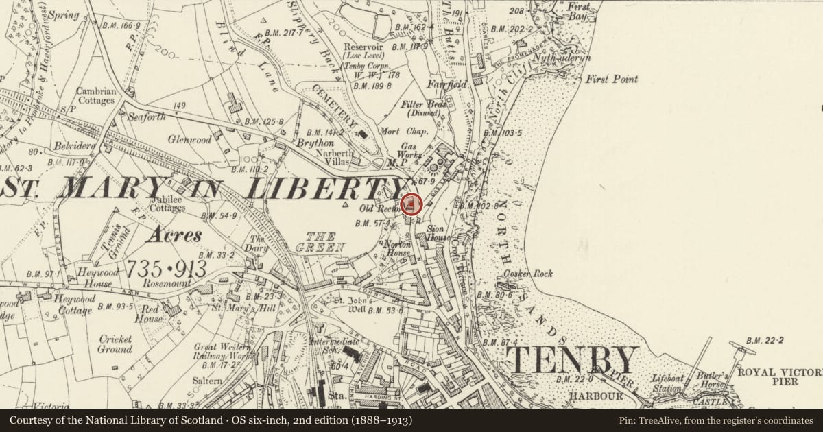 Ordnance Survey six-inch map, 2nd edition (1888–1913) covering the location of The Old Rectory, Tenby, Pembrokeshire, with a pin at the register's coordinates