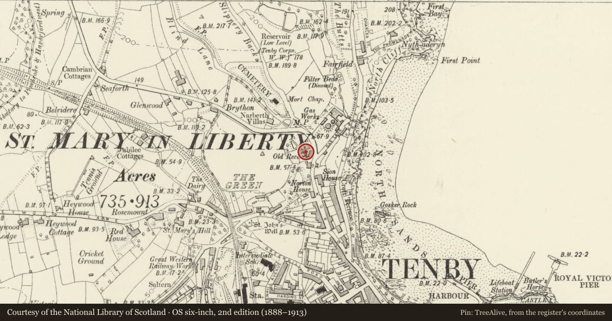 Ordnance Survey six-inch map, 2nd edition (1888–1913) covering the location of Stable block at the Old Rectory, Tenby, Pembrokeshire, with a pin at the register's coordinates