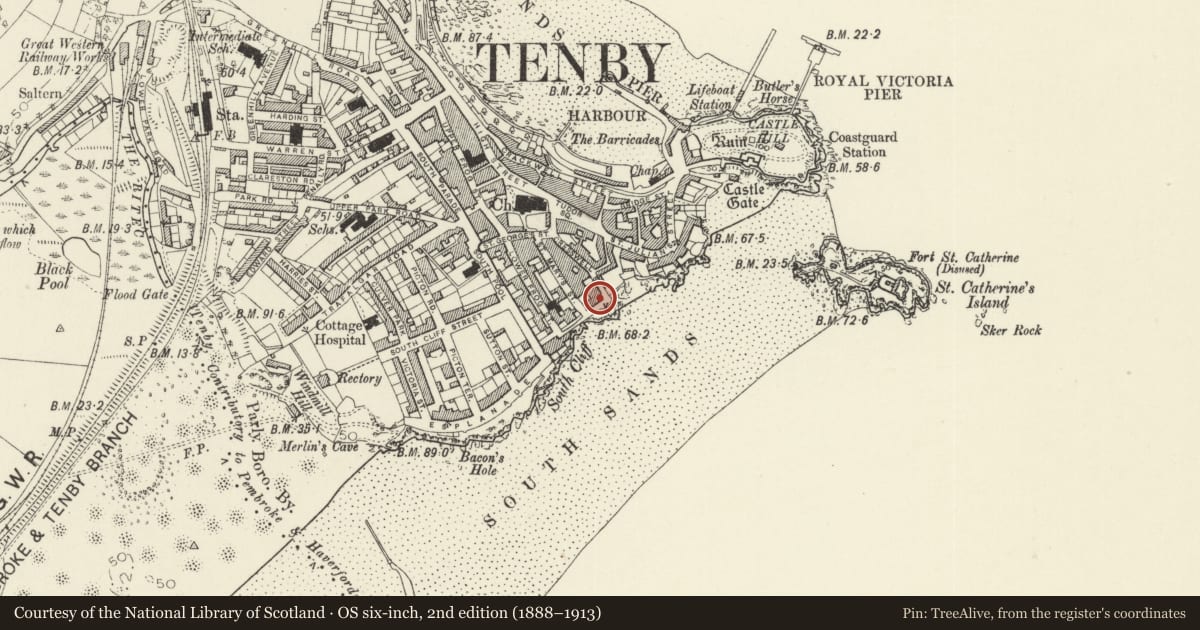 Ordnance Survey six-inch map, 2nd edition (1888–1913) covering the location of Scarborough House and Gunfort Mansions, Tenby, Pembrokeshire, with a pin at the register's coordinates