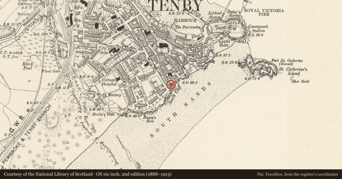 Ordnance Survey six-inch map, 2nd edition (1888–1913) covering the location of Imperial Hotel, Tenby, Pembrokeshire, with a pin at the register's coordinates