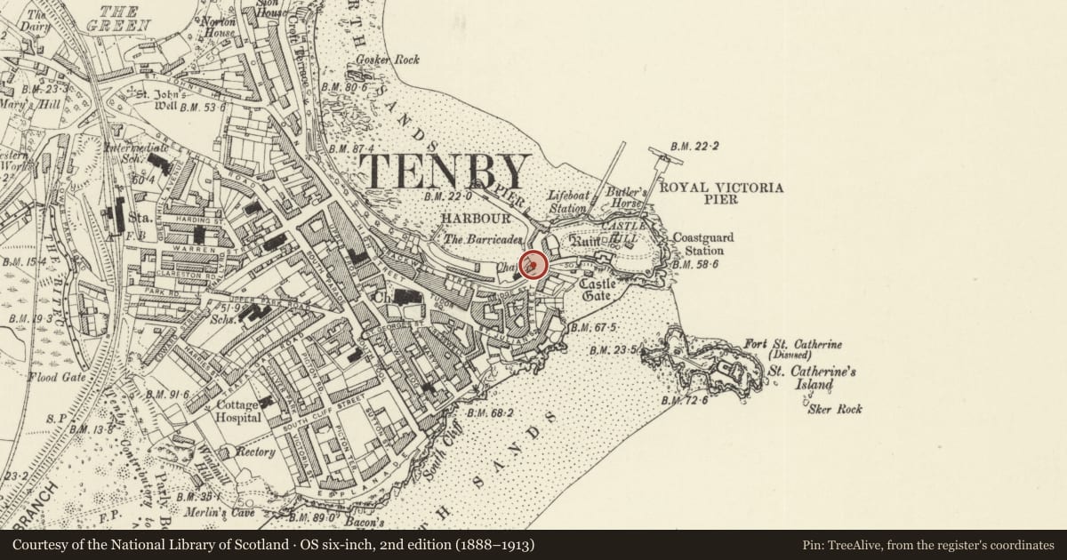 Ordnance Survey six-inch map, 2nd edition (1888–1913) covering the location of The Harbour Master's Office, Tenby, Pembrokeshire, with a pin at the register's coordinates