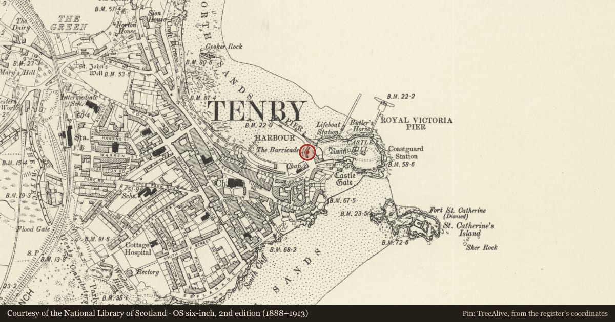 Ordnance Survey six-inch map, 2nd edition (1888–1913) covering the location of 1 Pier Hill, Tenby, Pembrokeshire, with a pin at the register's coordinates