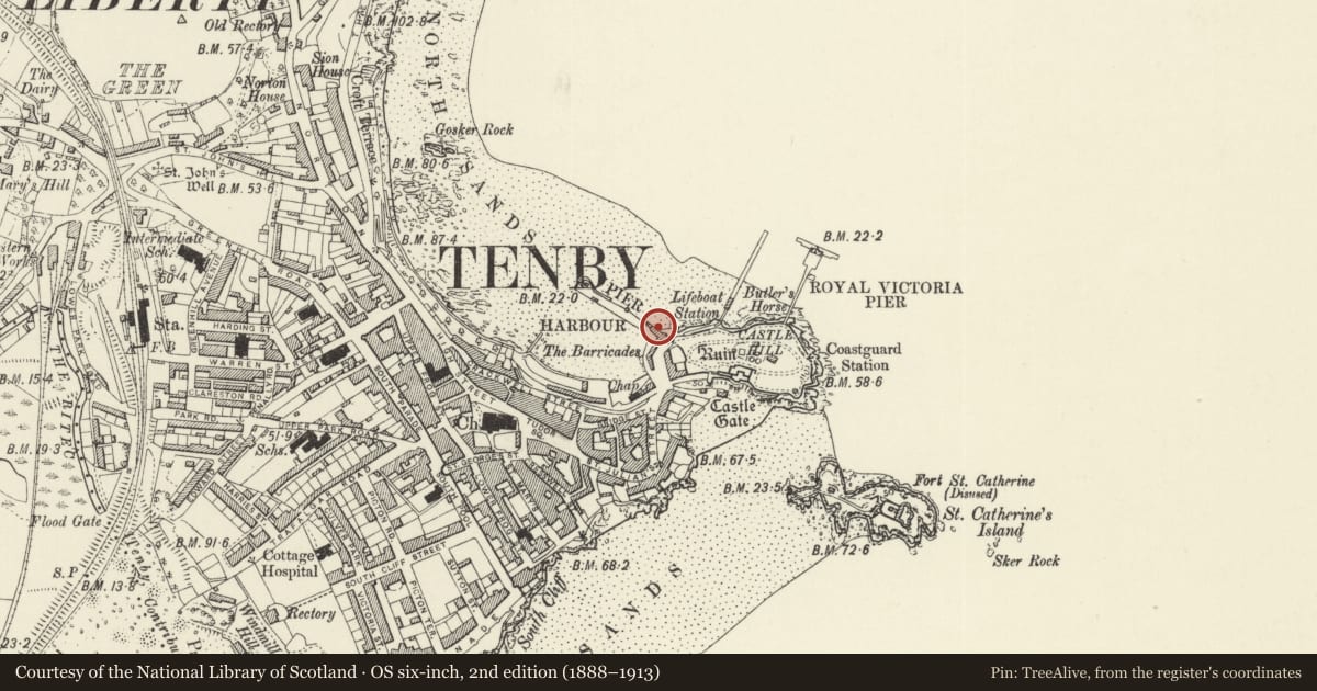 Ordnance Survey six-inch map, 2nd edition (1888–1913) covering the location of The Former Assembly Rooms, Tenby, Pembrokeshire, with a pin at the register's coordinates