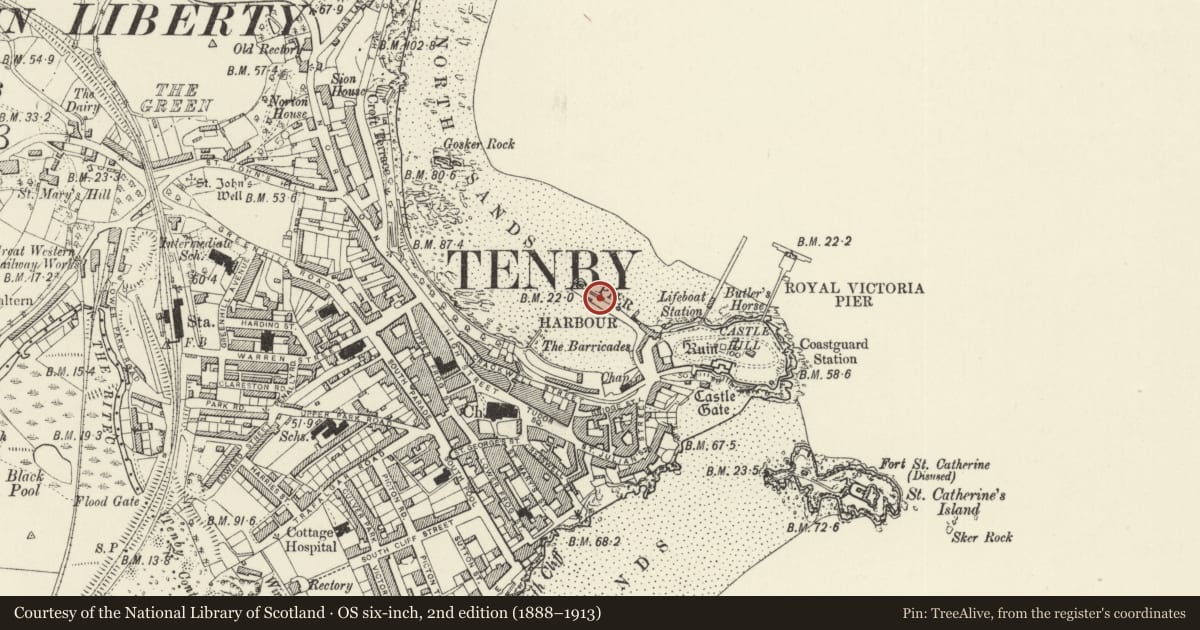 Ordnance Survey six-inch map, 2nd edition (1888–1913) covering the location of The Pier, including four bollards, Tenby, Pembrokeshire, with a pin at the register's coordinates