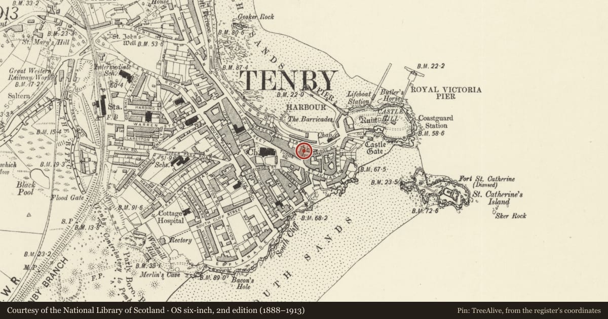 Ordnance Survey six-inch map, 2nd edition (1888–1913) covering the location of The Tudor Merchant's House, Tenby, Pembrokeshire, with a pin at the register's coordinates