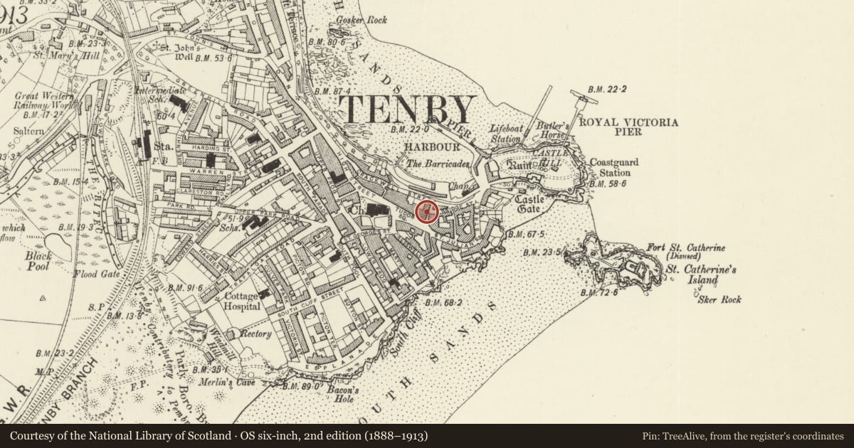 Ordnance Survey six-inch map, 2nd edition (1888–1913) covering the location of Plantagenet House, Tenby, Pembrokeshire, with a pin at the register's coordinates