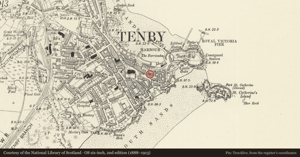 Ordnance Survey six-inch map, 2nd edition (1888–1913) covering the location of The Caldey Abbey Shop, Tenby, Pembrokeshire, with a pin at the register's coordinates