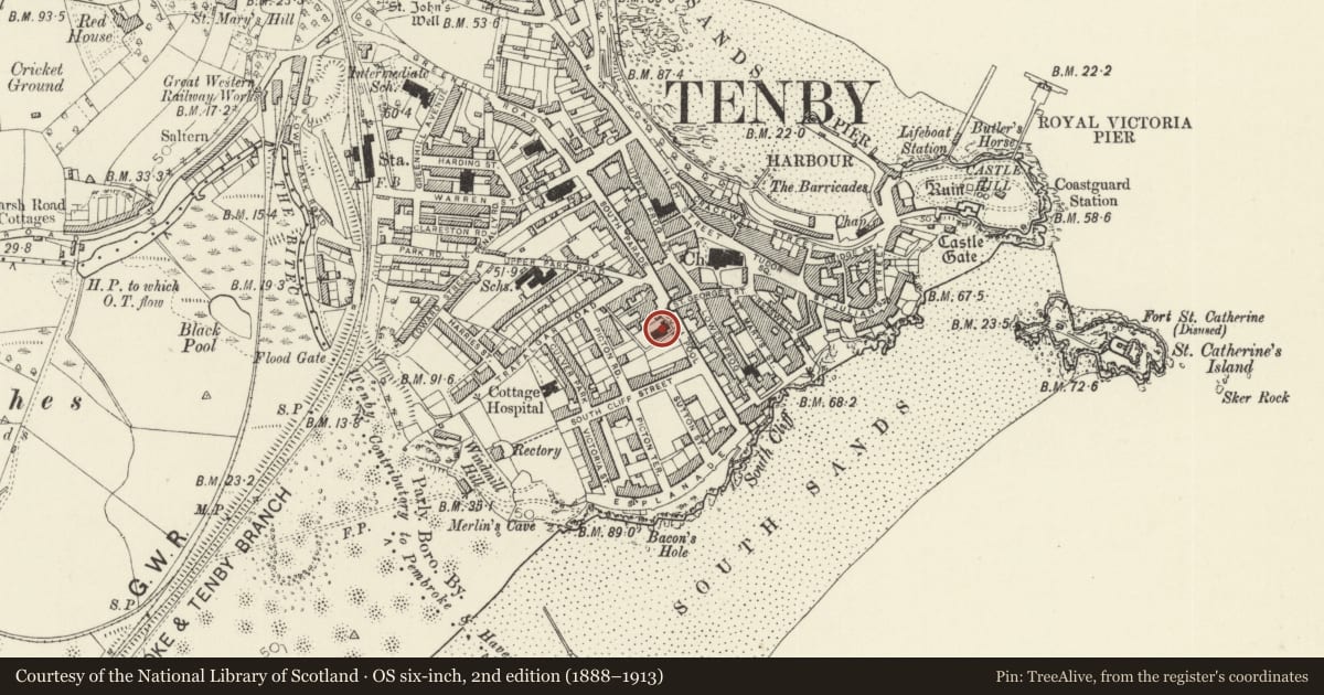 Ordnance Survey six-inch map, 2nd edition (1888–1913) covering the location of Church of the Holy Rood and Saint Teilo, Tenby, Pembrokeshire, with a pin at the register's coordinates