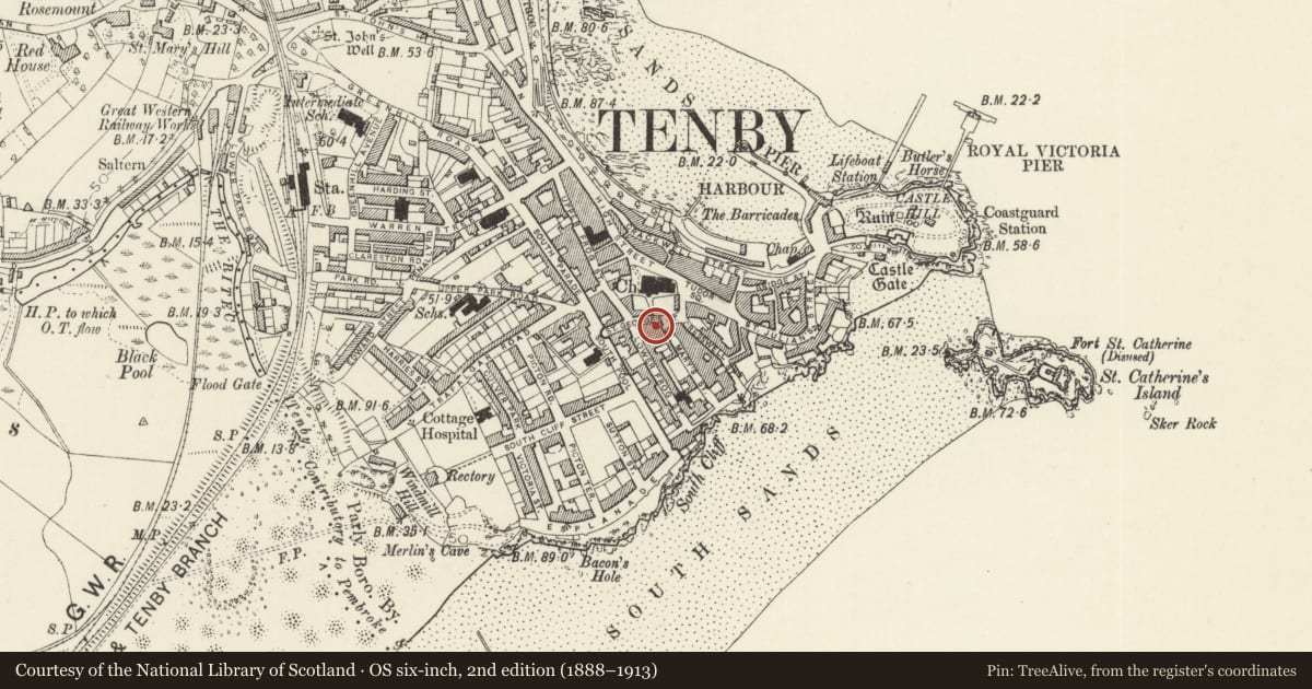 Ordnance Survey six-inch map, 2nd edition (1888–1913) covering the location of Manchester House, Tenby, Pembrokeshire, with a pin at the register's coordinates