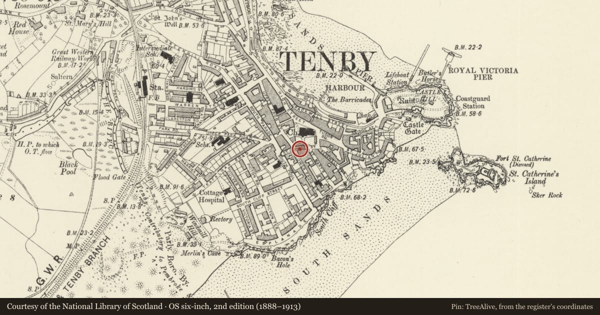 Ordnance Survey six-inch map, 2nd edition (1888–1913) covering the location of The Five Arches Bookshop, Tenby, Pembrokeshire, with a pin at the register's coordinates