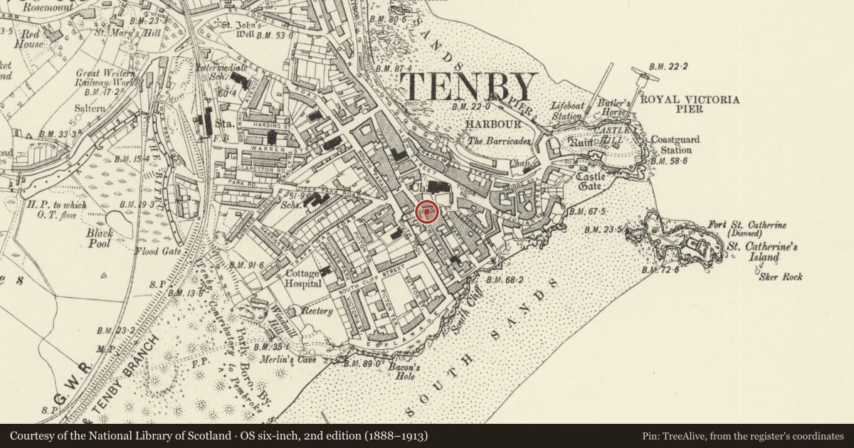 Ordnance Survey six-inch map, 2nd edition (1888–1913) covering the location of Premises occupied by Tenby Rock and Fudge, Pembrokeshire, with a pin at the register's coordinates