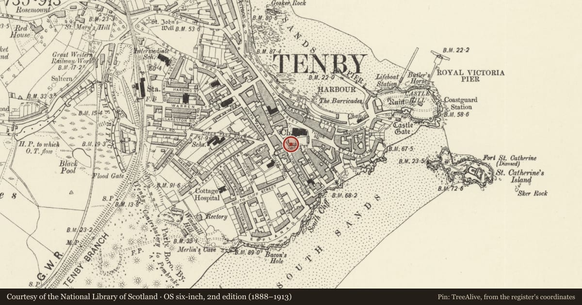 Ordnance Survey six-inch map, 2nd edition (1888–1913) covering the location of The Five Arches Public House, Tenby, Pembrokeshire, with a pin at the register's coordinates
