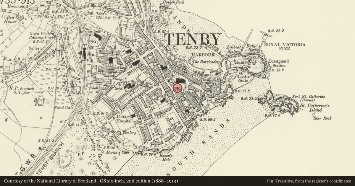 Ordnance Survey six-inch map, 2nd edition (1888–1913) covering the location of The former Regent Hotel, Tenby, Pembrokeshire, with a pin at the register's coordinates