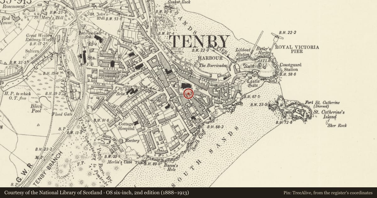 Ordnance Survey six-inch map, 2nd edition (1888–1913) covering the location of Railings to S side of churchyard, Tenby, Pembrokeshire, with a pin at the register's coordinates