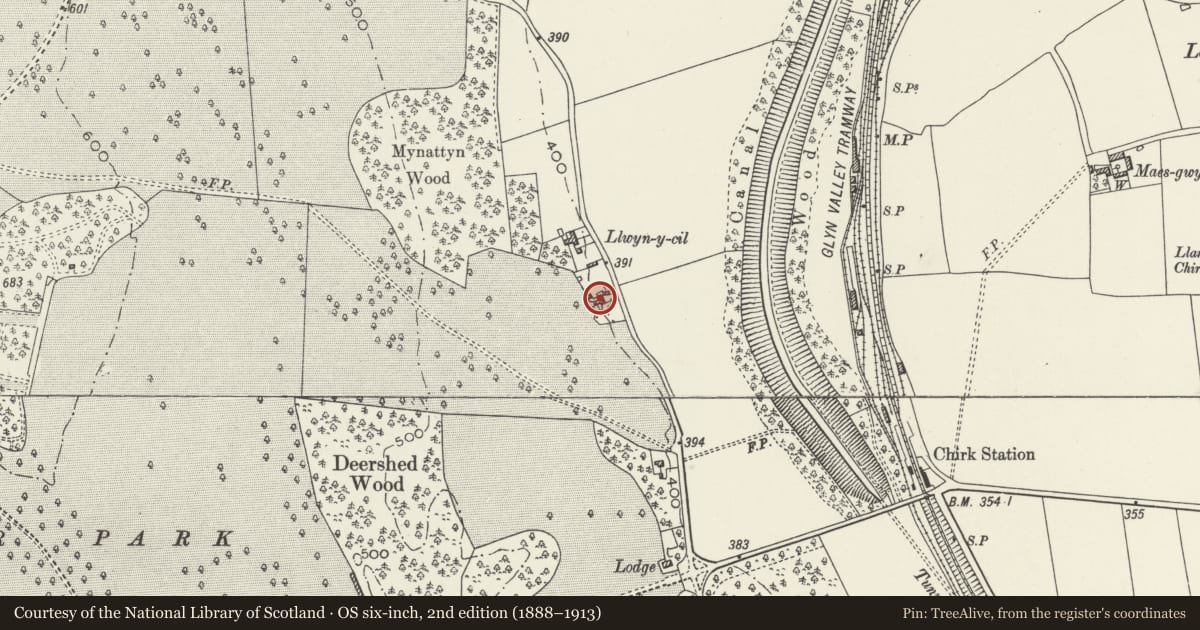 Ordnance Survey six-inch map, 2nd edition (1888–1913) covering the location of Llwyn-y-cil Cottage, Chirk, Wrexham, with a pin at the register's coordinates