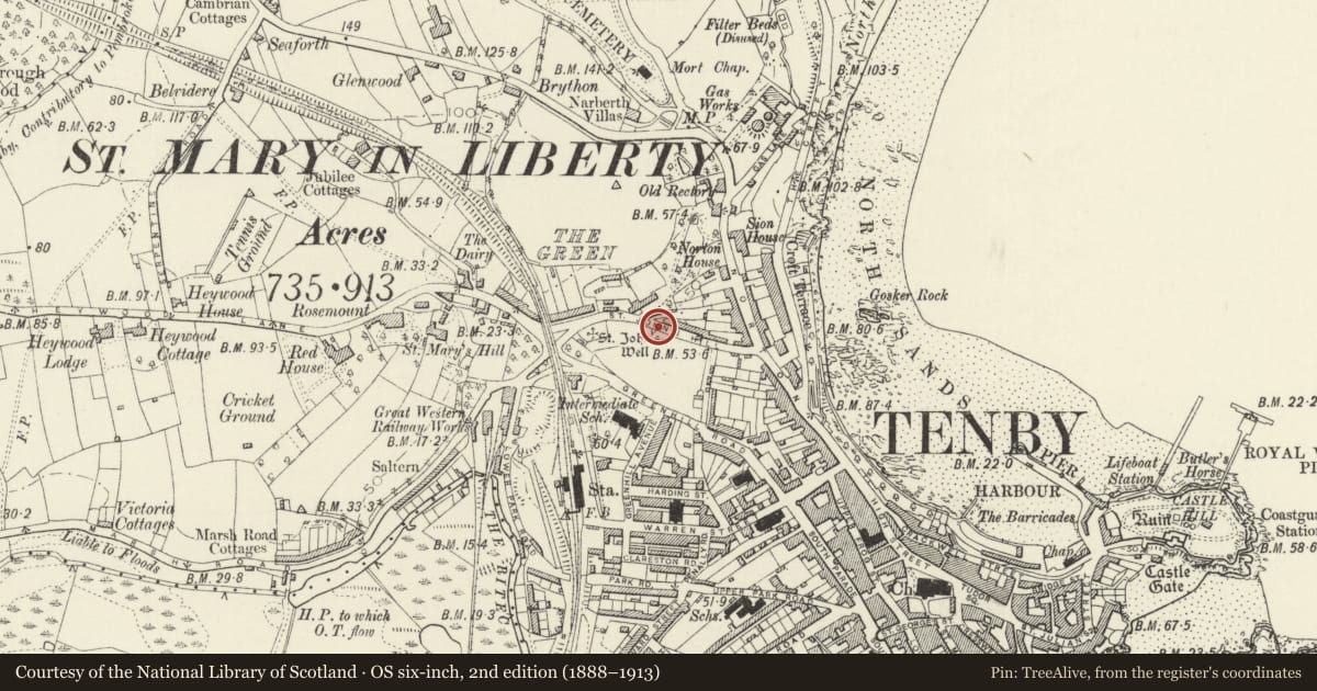 Ordnance Survey six-inch map, 2nd edition (1888–1913) covering the location of St John's Well, Tenby, Pembrokeshire, with a pin at the register's coordinates