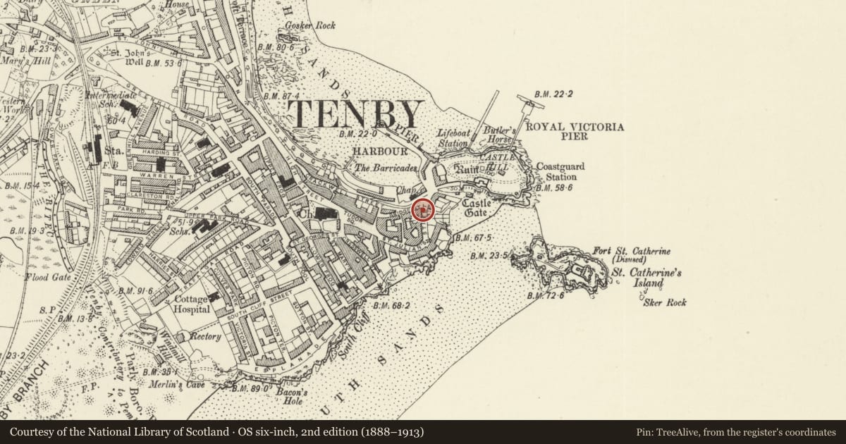 Ordnance Survey six-inch map, 2nd edition (1888–1913) covering the location of 1 St Julian's Street, Tenby, Pembrokeshire, with a pin at the register's coordinates