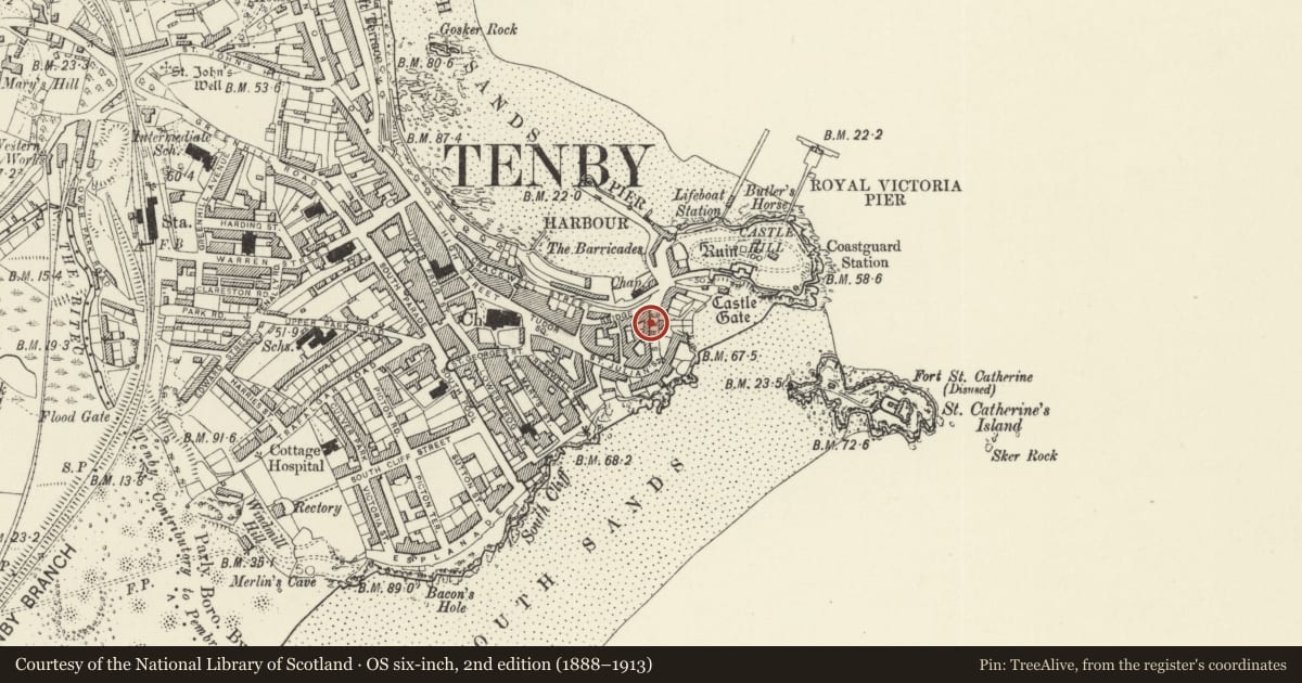 Ordnance Survey six-inch map, 2nd edition (1888–1913) covering the location of The Spinning Wheel Cafe, Tenby, Pembrokeshire, with a pin at the register's coordinates