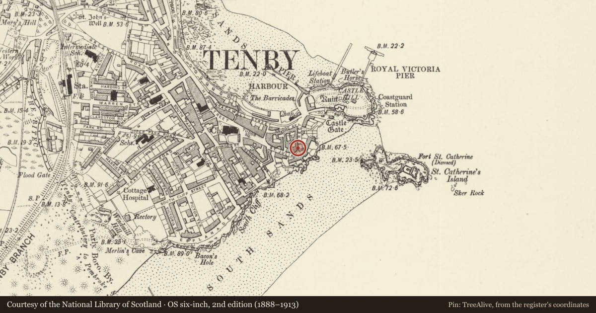 Ordnance Survey six-inch map, 2nd edition (1888–1913) covering the location of The Hope and Anchor Public House, Tenby, Pembrokeshire, with a pin at the register's coordinates