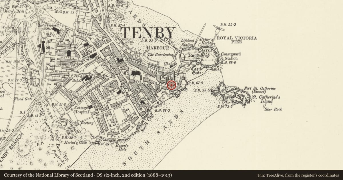 Ordnance Survey six-inch map, 2nd edition (1888–1913) covering the location of No 1 Lansdowne Cottages, Tenby, Pembrokeshire, with a pin at the register's coordinates