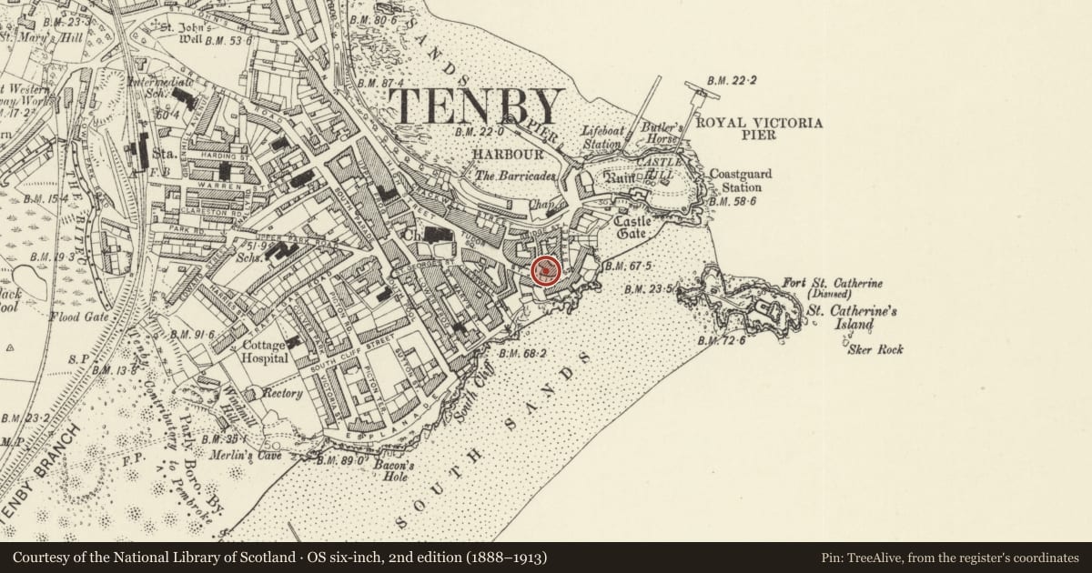 Ordnance Survey six-inch map, 2nd edition (1888–1913) covering the location of Slate House, Tenby, Pembrokeshire, with a pin at the register's coordinates