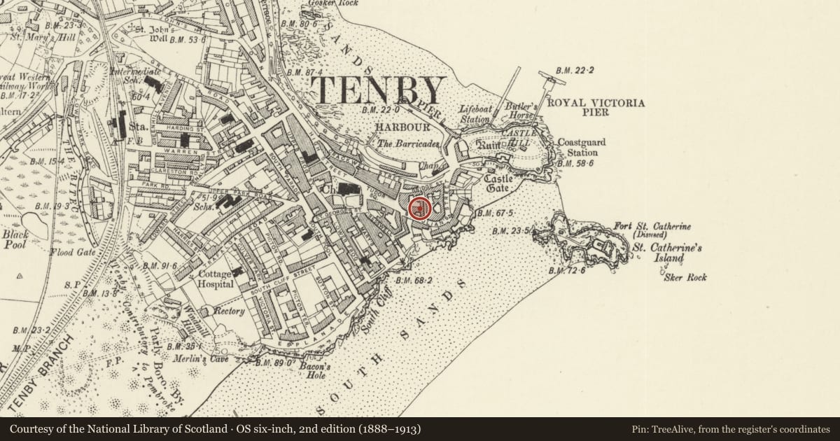 Ordnance Survey six-inch map, 2nd edition (1888–1913) covering the location of Lock House, Tenby, Pembrokeshire, with a pin at the register's coordinates