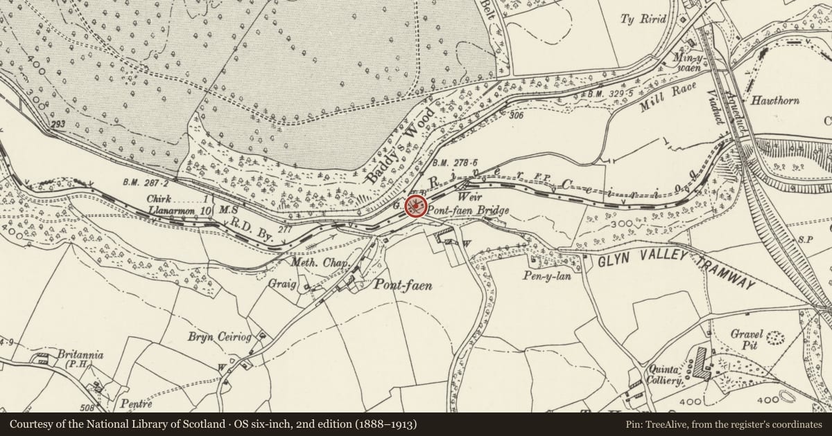 Ordnance Survey six-inch map, 2nd edition (1888–1913) covering the location of Pont-faen (continued into England), Chirk, Wrexham, with a pin at the register's coordinates