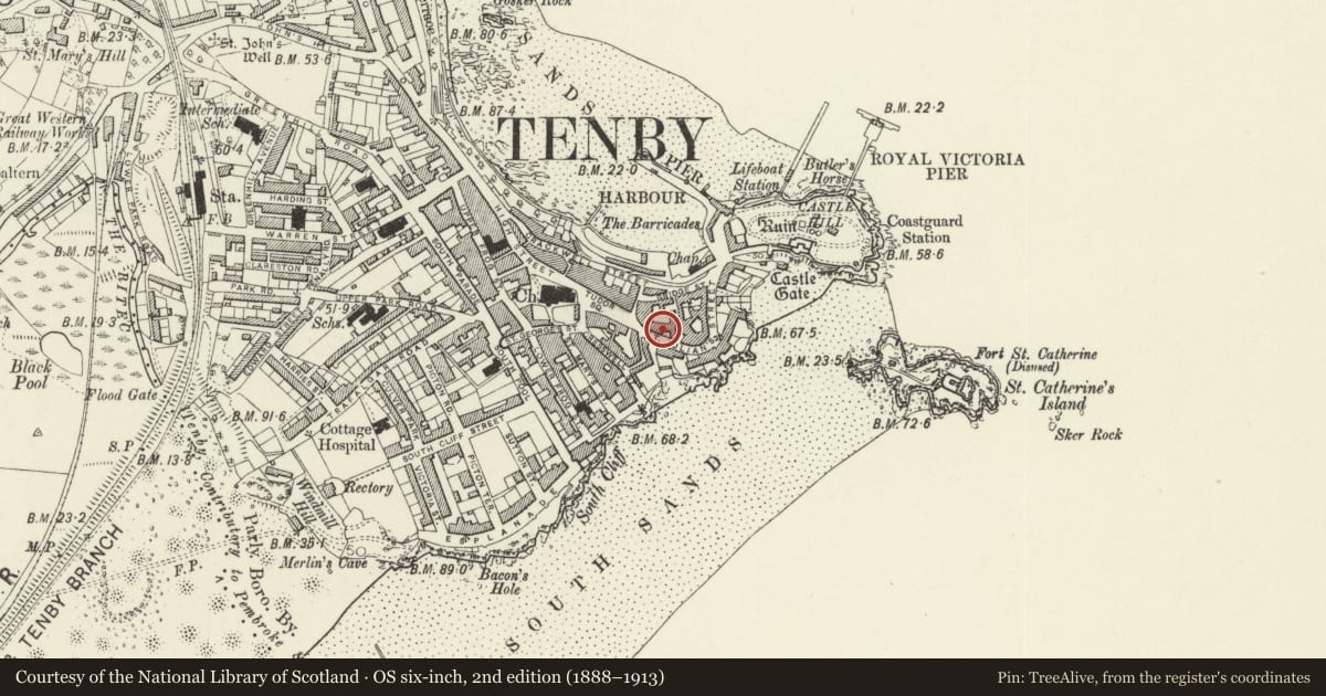 Ordnance Survey six-inch map, 2nd edition (1888–1913) covering the location of Lorne House, Tenby, Pembrokeshire, with a pin at the register's coordinates