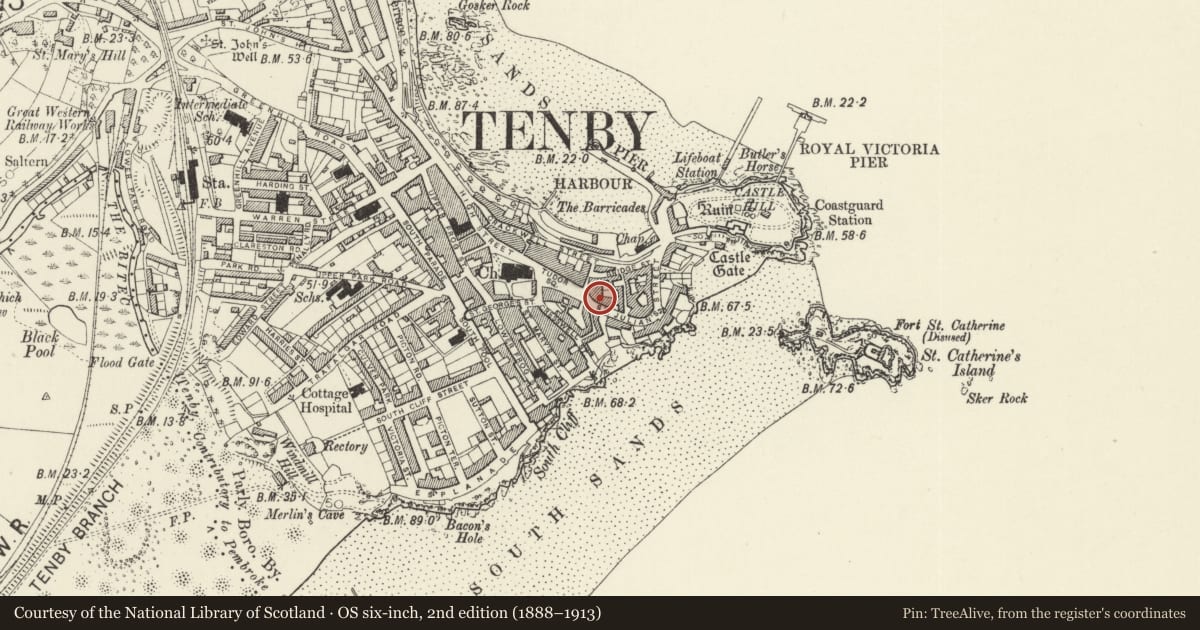 Ordnance Survey six-inch map, 2nd edition (1888–1913) covering the location of The Buccaneer Inn, Tenby, Pembrokeshire, with a pin at the register's coordinates