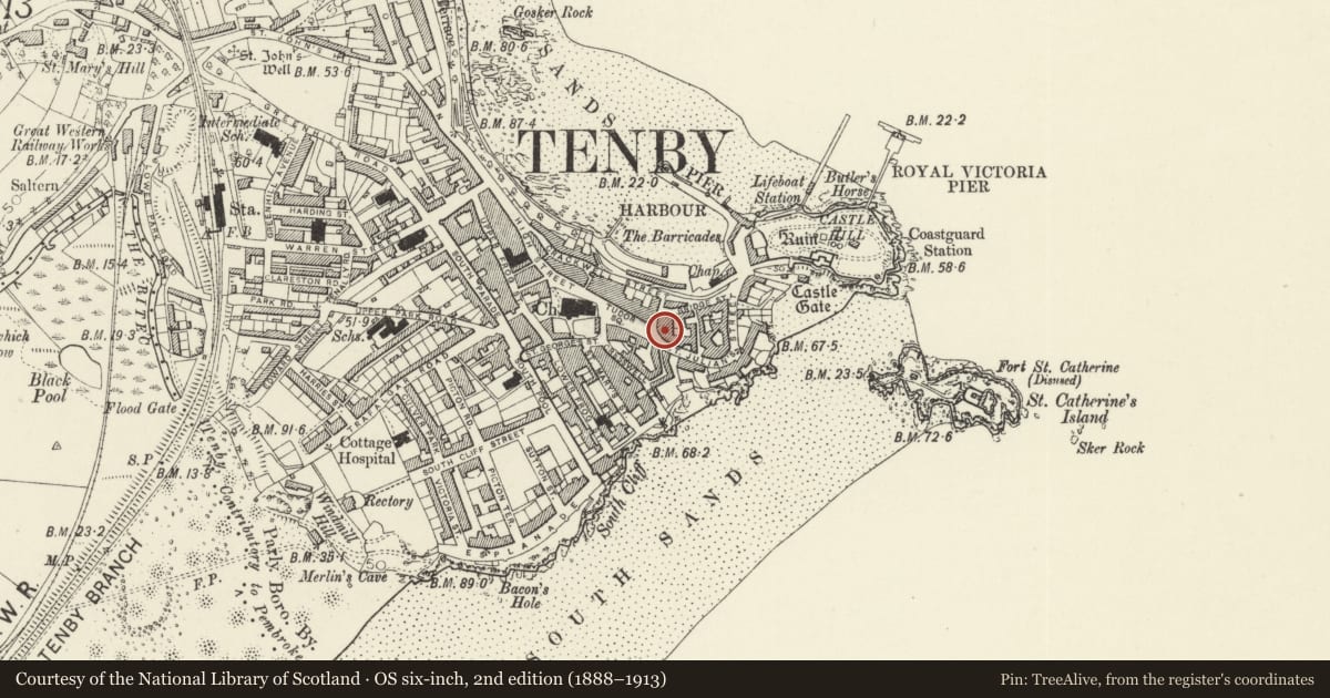 Ordnance Survey six-inch map, 2nd edition (1888–1913) covering the location of Cheltenham Houses, Tenby, Pembrokeshire, with a pin at the register's coordinates