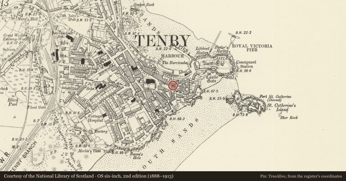 Ordnance Survey six-inch map, 2nd edition (1888–1913) covering the location of The Lifeboat Tavern, Tenby, Pembrokeshire, with a pin at the register's coordinates