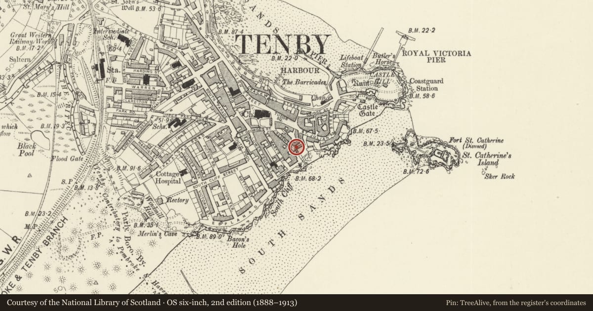 Ordnance Survey six-inch map, 2nd edition (1888–1913) covering the location of Nos 2 and 3 Ivy Cottages, Tenby, Pembrokeshire, with a pin at the register's coordinates