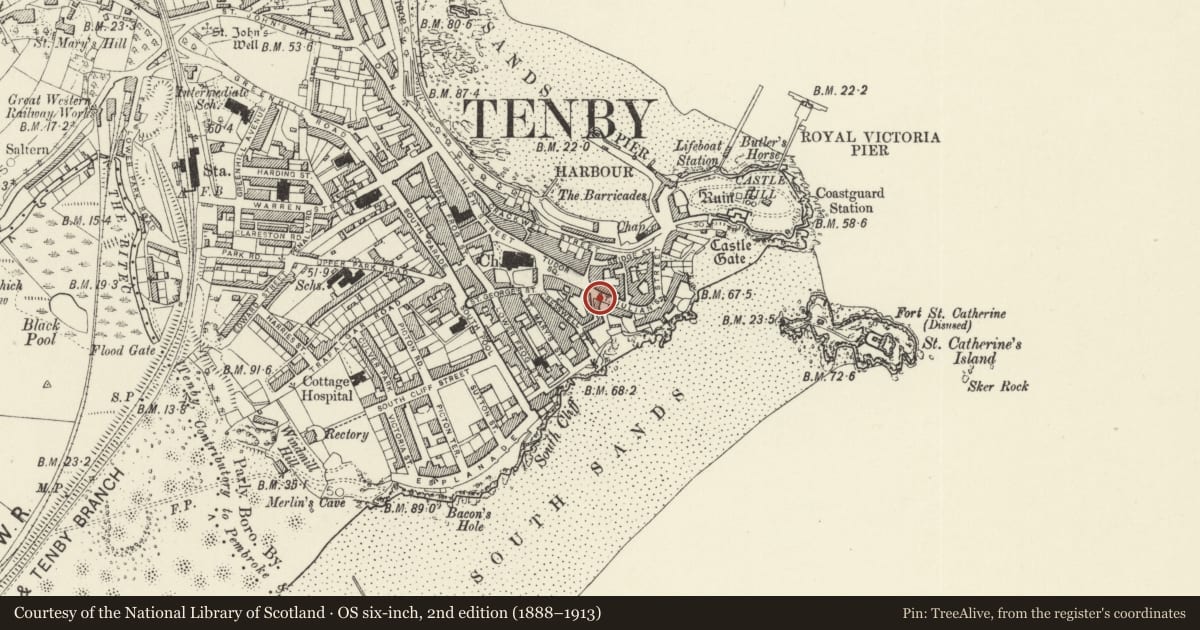 Ordnance Survey six-inch map, 2nd edition (1888–1913) covering the location of Ivy House, Tenby, Pembrokeshire, with a pin at the register's coordinates