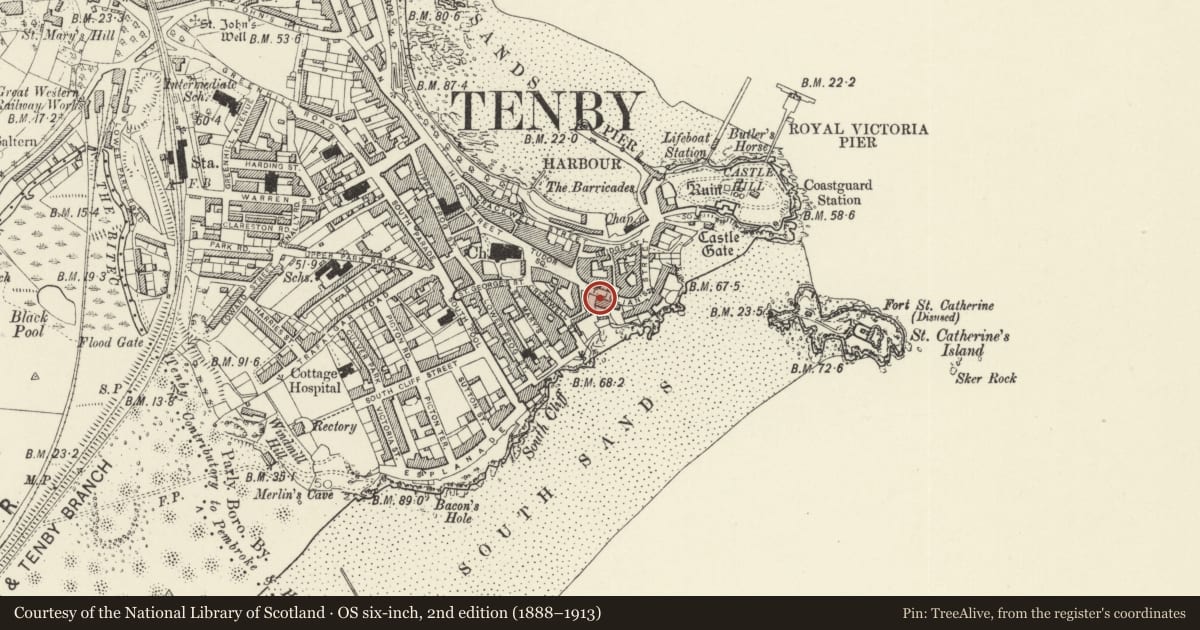 Ordnance Survey six-inch map, 2nd edition (1888–1913) covering the location of Southcliffe House, Tenby, Pembrokeshire, with a pin at the register's coordinates