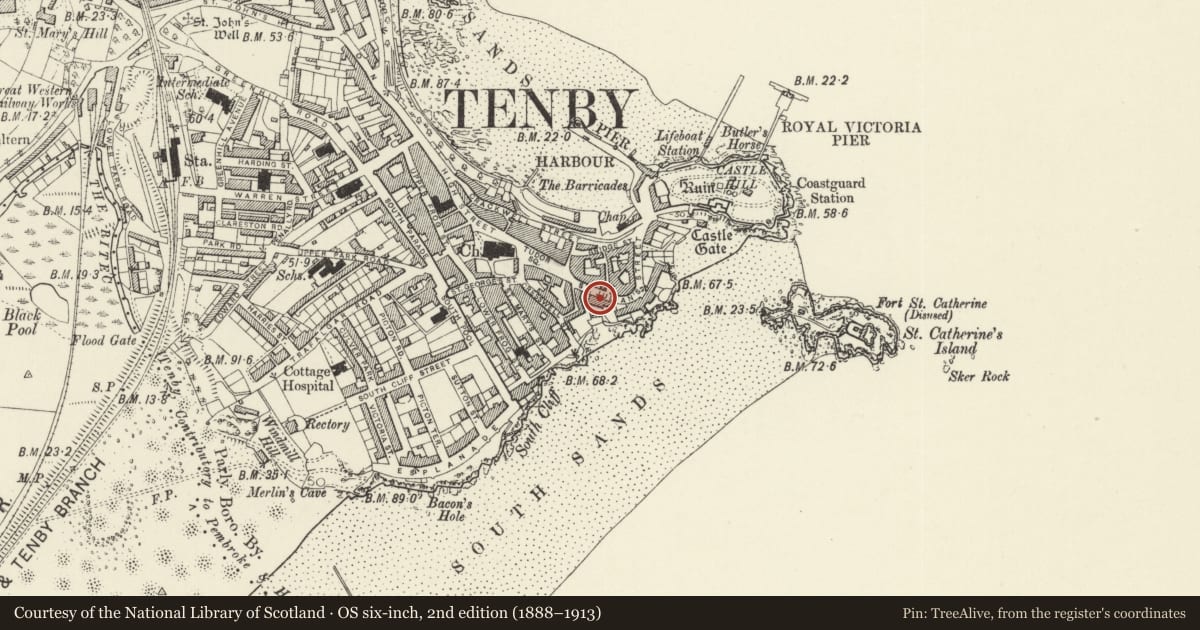 Ordnance Survey six-inch map, 2nd edition (1888–1913) covering the location of Lansdowne House and Griffith Lodge, Tenby, Pembrokeshire, with a pin at the register's coordinates