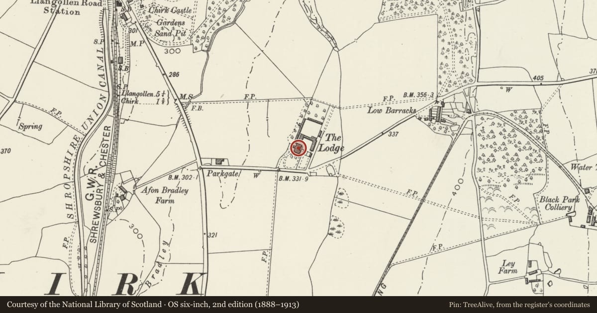 Ordnance Survey six-inch map, 2nd edition (1888–1913) covering the location of The Lodge, Chirk, Wrexham, with a pin at the register's coordinates