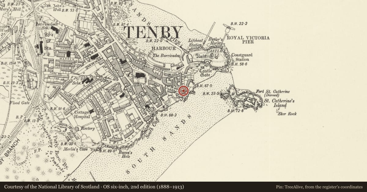 Ordnance Survey six-inch map, 2nd edition (1888–1913) covering the location of No 3 Rock Houses (Grey Rock House) including area railings, Tenby, Pembrokeshire, with a pin at the register's coordinates