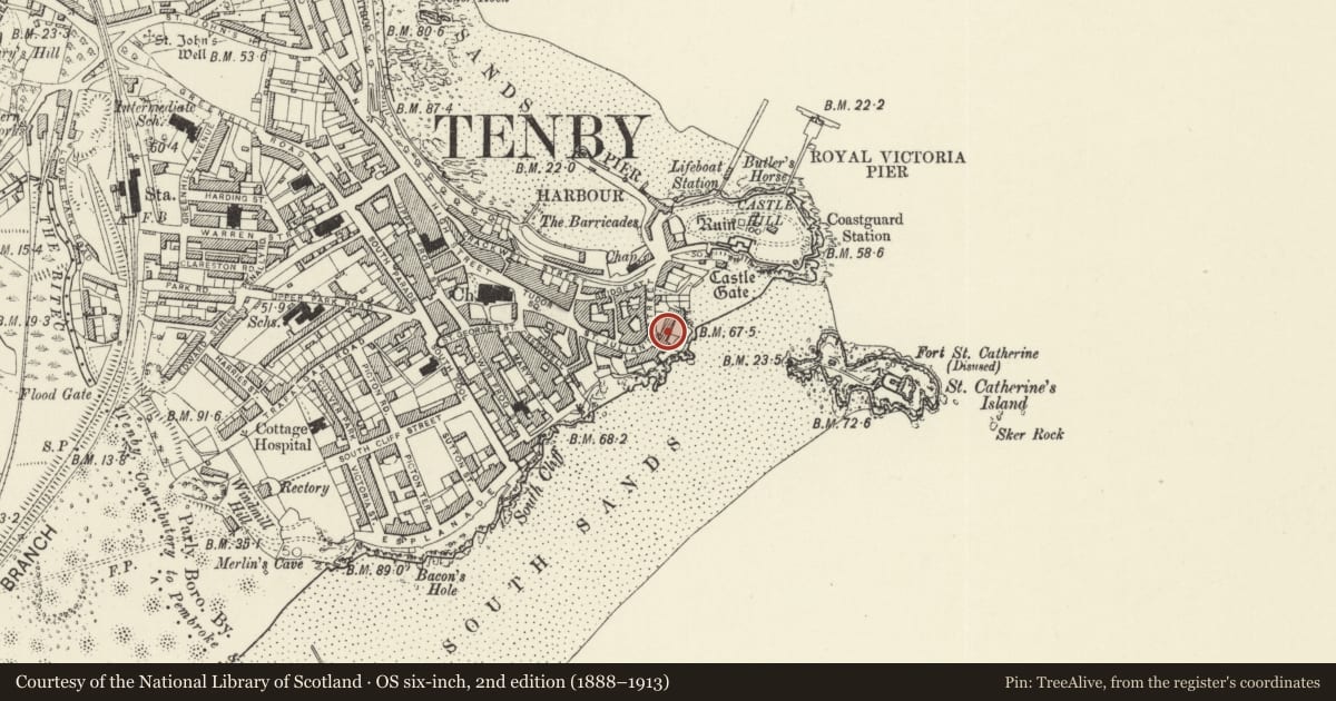 Ordnance Survey six-inch map, 2nd edition (1888–1913) covering the location of No 1 Lexden Terrace, Tenby, Pembrokeshire, with a pin at the register's coordinates