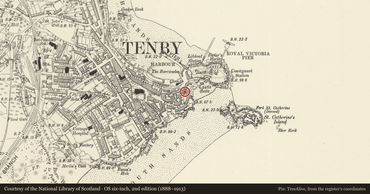 Ordnance Survey six-inch map, 2nd edition (1888–1913) covering the location of Seagarth, Tenby, Pembrokeshire, with a pin at the register's coordinates