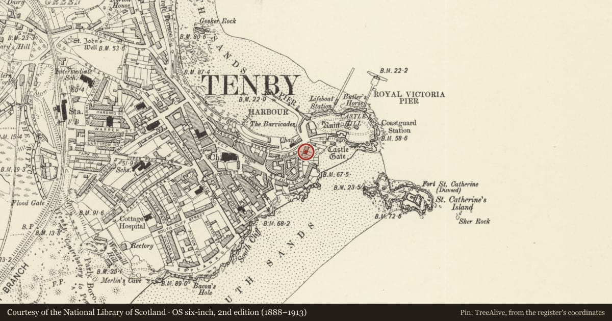 Ordnance Survey six-inch map, 2nd edition (1888–1913) covering the location of No 1 St Julian Terrace, Tenby, Pembrokeshire, with a pin at the register's coordinates
