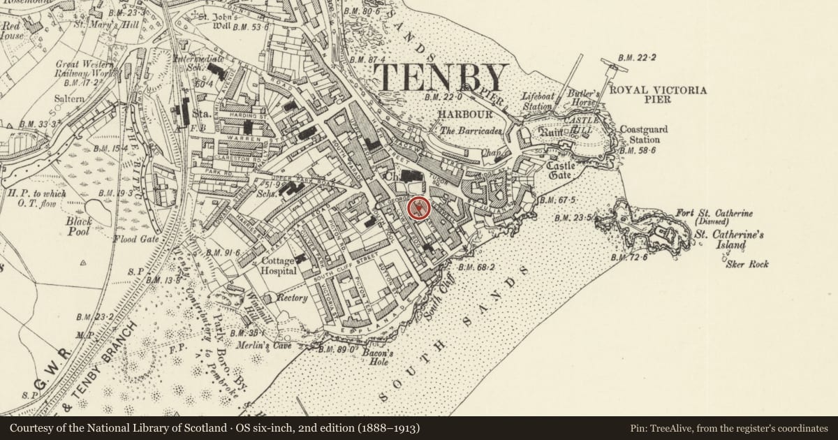 Ordnance Survey six-inch map, 2nd edition (1888–1913) covering the location of No 1 Olive Buildings, Tenby, Pembrokeshire, with a pin at the register's coordinates