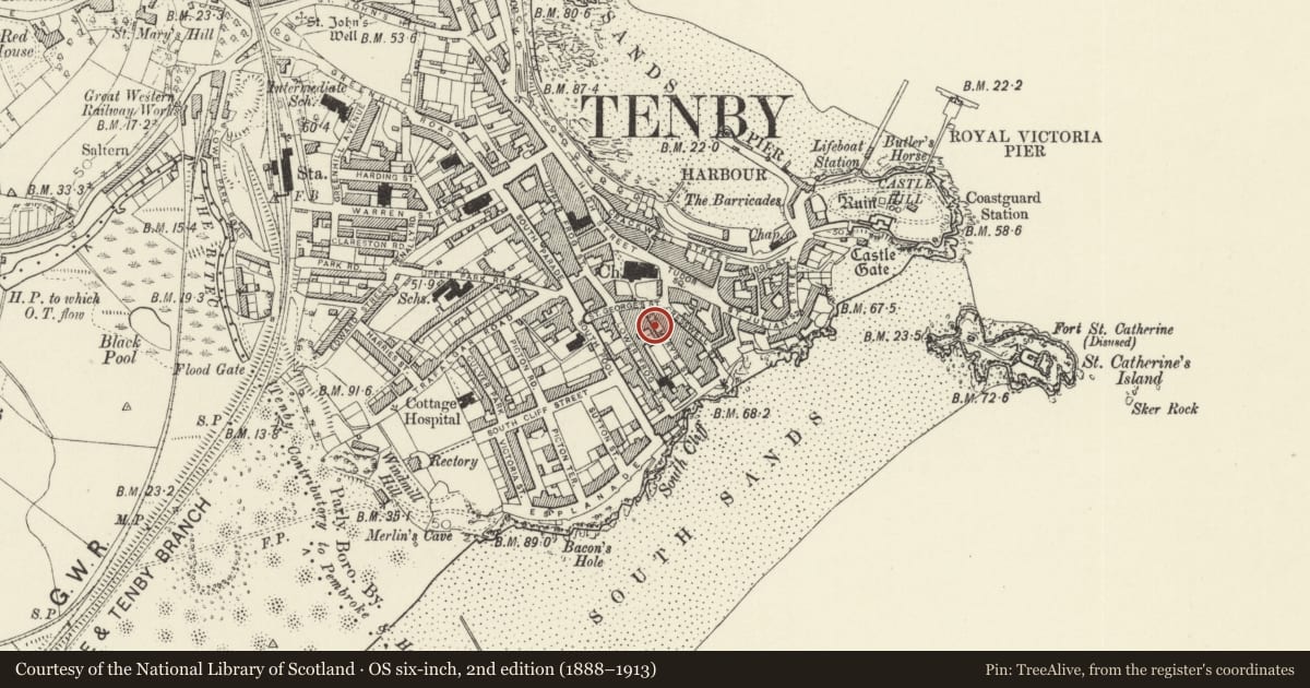 Ordnance Survey six-inch map, 2nd edition (1888–1913) covering the location of No 2 Olive Buildings, including railings, Tenby, Pembrokeshire, with a pin at the register's coordinates