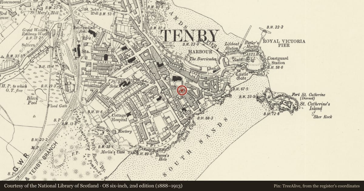 Ordnance Survey six-inch map, 2nd edition (1888–1913) covering the location of Holly Cottage, Tenby, Pembrokeshire, with a pin at the register's coordinates