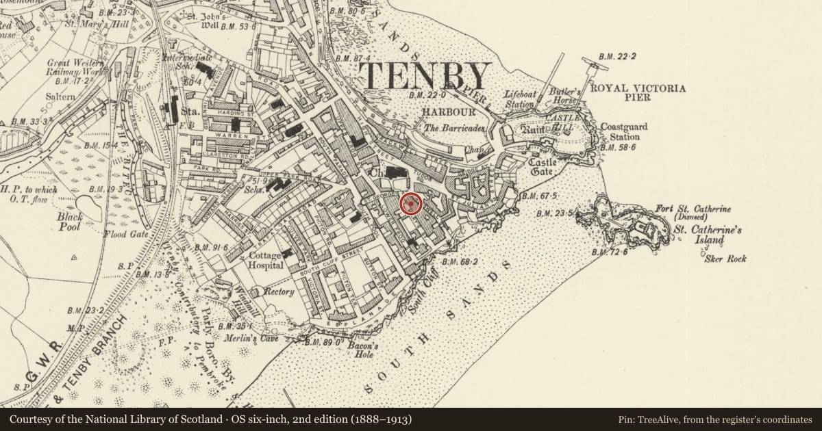 Ordnance Survey six-inch map, 2nd edition (1888–1913) covering the location of Shipwrights, Tenby, Pembrokeshire, with a pin at the register's coordinates