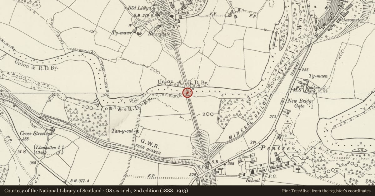 Ordnance Survey six-inch map, 2nd edition (1888–1913) covering the location of Cefn (Newbridge) Railway Viaduct (partly in Cefn Community), Chirk, Wrexham, with a pin at the register's coordinates