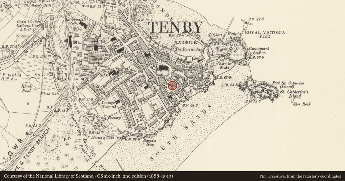 Ordnance Survey six-inch map, 2nd edition (1888–1913) covering the location of Ripley, Tenby, Pembrokeshire, with a pin at the register's coordinates