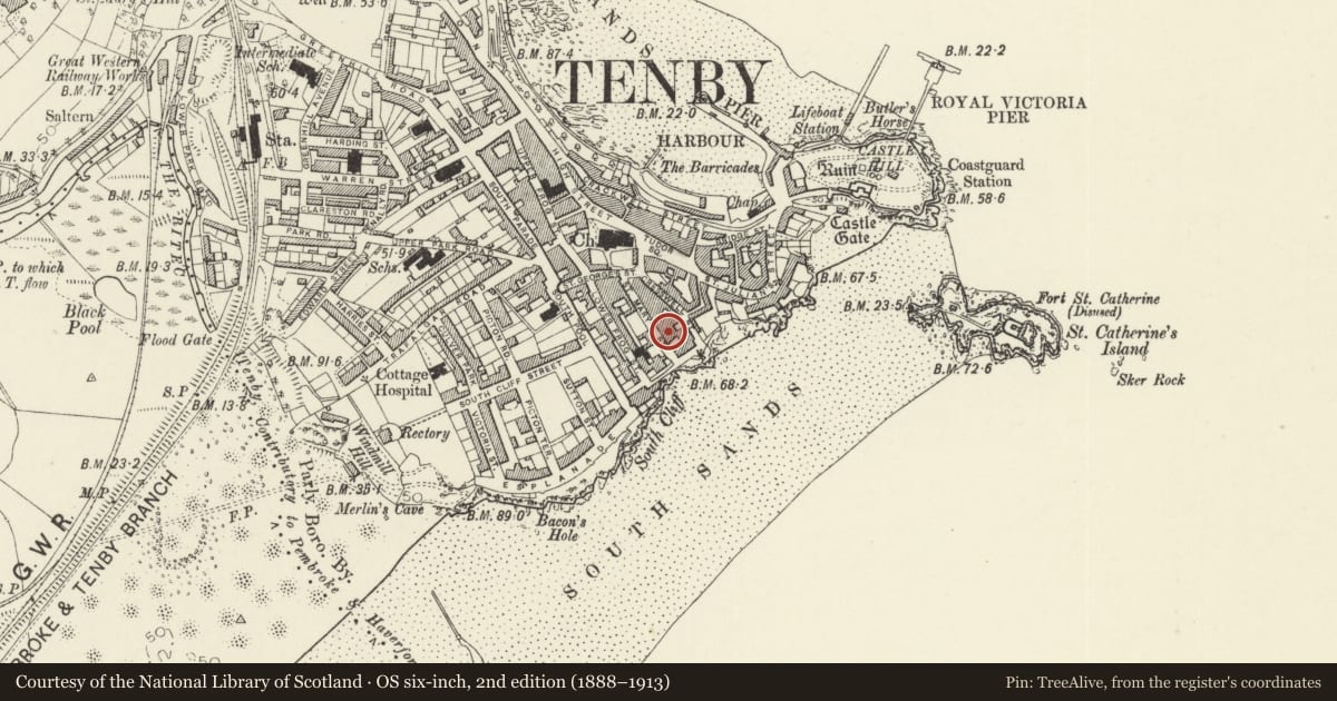 Ordnance Survey six-inch map, 2nd edition (1888–1913) covering the location of Woodbine Cottage, Tenby, Pembrokeshire, with a pin at the register's coordinates