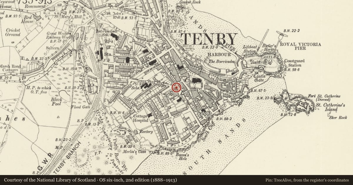 Ordnance Survey six-inch map, 2nd edition (1888–1913) covering the location of Premises occupied by Old Oak Insurance Brokers, Tenby, Pembrokeshire, with a pin at the register's coordinates