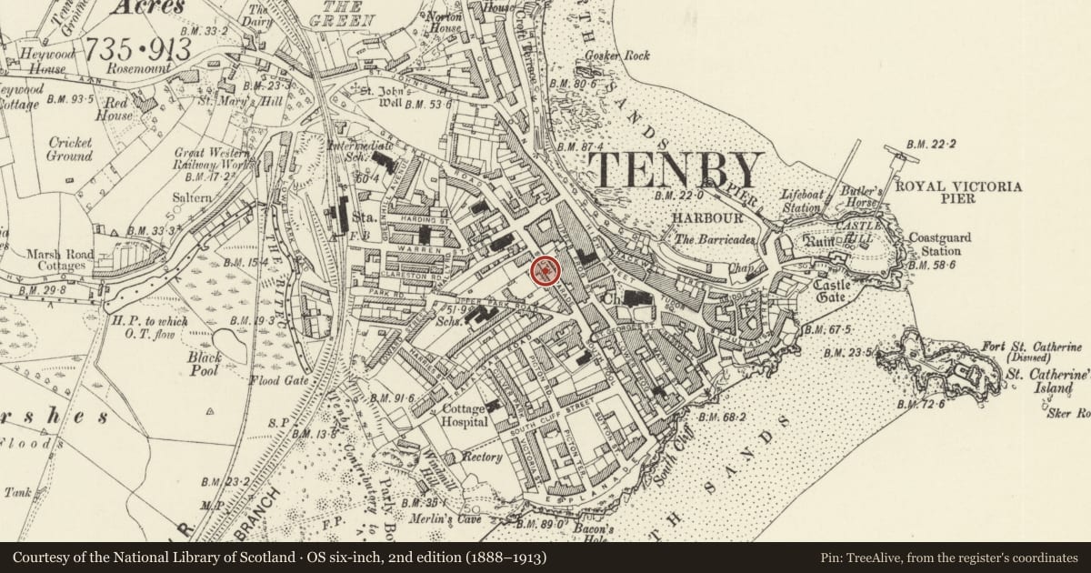 Ordnance Survey six-inch map, 2nd edition (1888–1913) covering the location of 5 South Parade, Tenby, Pembrokeshire, with a pin at the register's coordinates